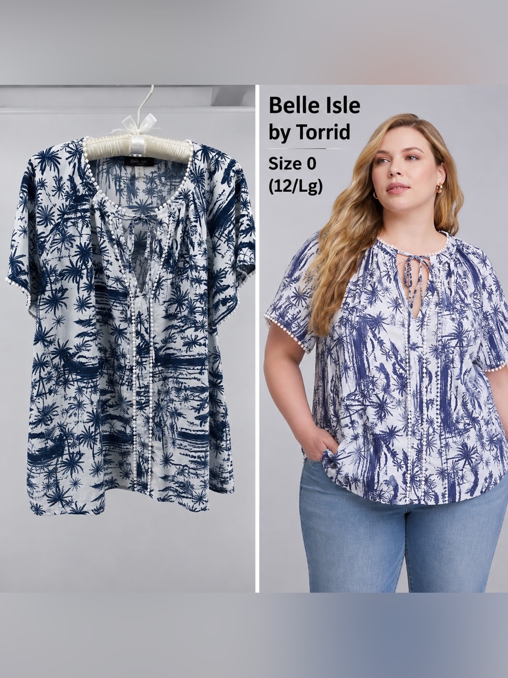 Belle Isle by Torrid Size 0 (12/Lg) Blue White Tropical Toile Pom Pom Trim Top
